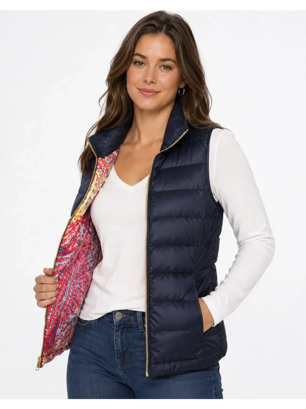 Lilly Pulitzer Allie Packable Quilted Down Puffer Vest Navy Blue Preppy Womens S